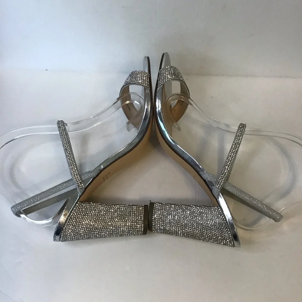 N by Nina Women's Silver Rhinestone SANCHIA Evening Chunky Heel Sandals 10